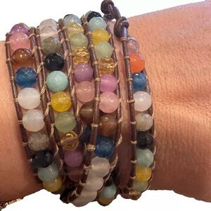 Chan Luu 925 Sterling Silver Wrap Bracelet Brown Leather Multi Color Bead 36"